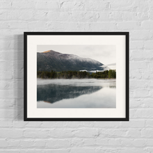 Load image into Gallery viewer, Framed morning image of a mounting with its full reflection in Chilko Lake