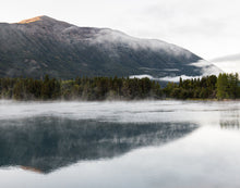 Load image into Gallery viewer, morning image of a mounting with its full reflection in Chilko Lake